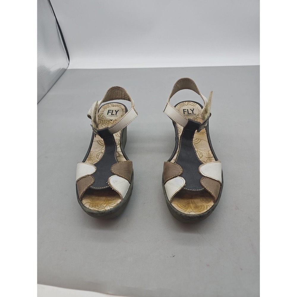 Fly London Yila T-Strap Peep Toe Wedge Sandals‎ sz 37 -6.5-7 Brown White Black